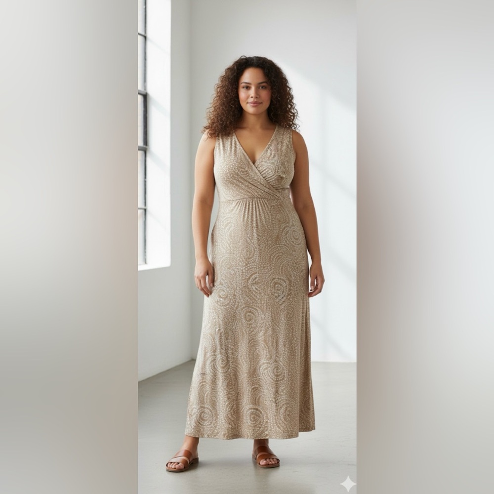 Charter Club Soft Weekend Maxi Dress Tan and White Paisley Pattern Size 2X